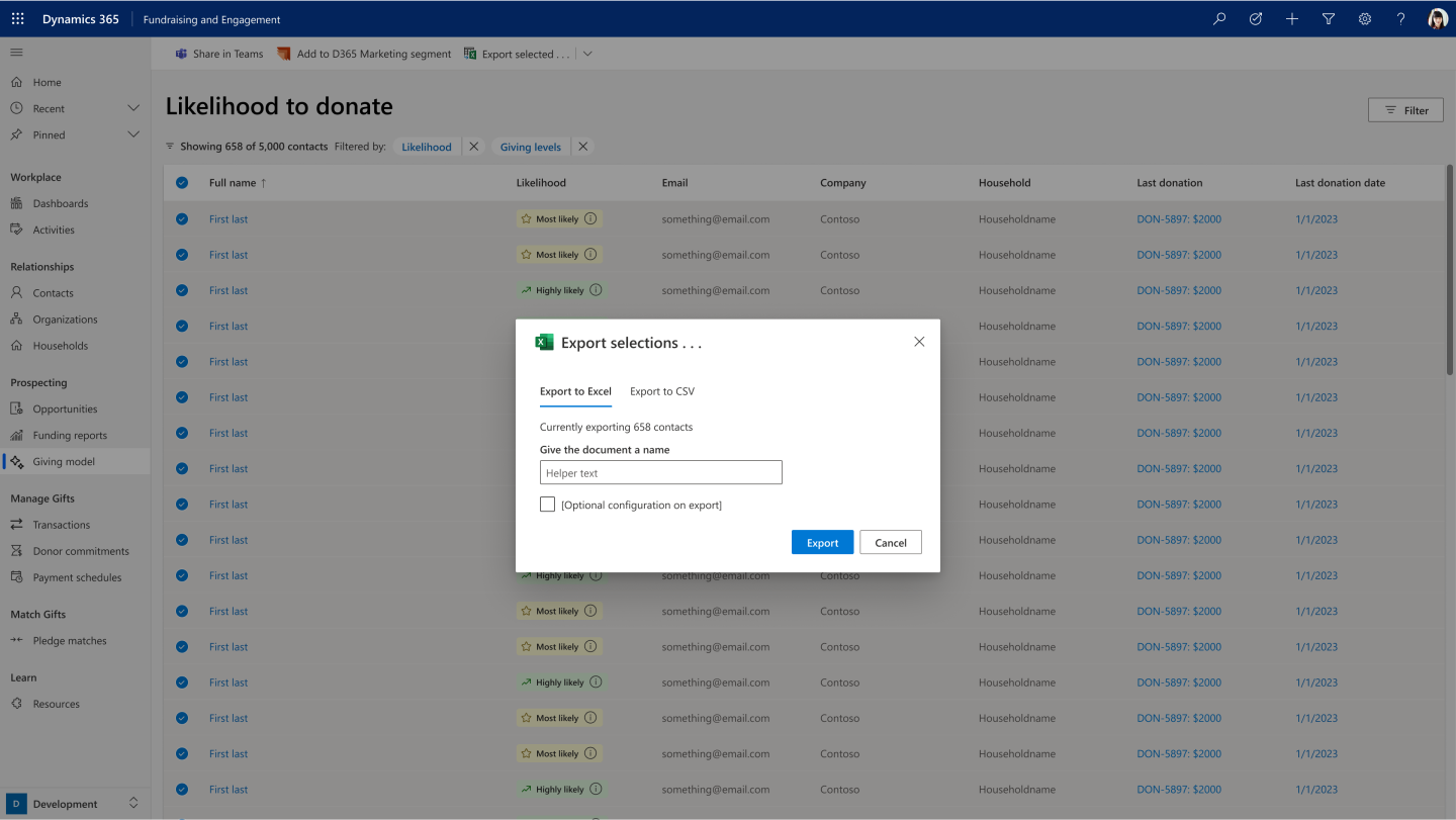 A screen with a modal for exporting a selection to Excel.